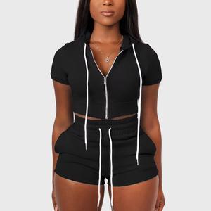<b>Top</b> Trending 100% Cotton French Terry Knitted Women's Crop Hoodie & Elastic Waist Shorts Skinny Fit Short Length Two Piece Sets - Product Image 5