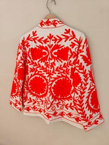 White Cotton Quilted Jacket with Orange Hand Embroidered Suzani Design Floral Folk Art <b>Boho</b> Style Handmade Ethnic Breathable - Product Image 5