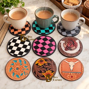 Posavasos de cuero personalizados, hechos a mano, con diseño a cuadros, color rosa, estilo vintage, para decoración de mesa. - Product Image 6