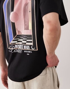 T-shirt en coton noir à manches courtes et col rond pour homme, coupe classique, couleur unie, tricot jersey avec imprimé frontal - Product Image 3