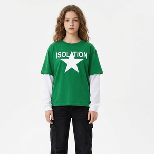 T-shirt Streetwear Homme Unisexe Effet Superposé Faux Deux Pièces Manches Longues Personnalisable Logo Graphique Hip Hop Épaules Tombantes Vente en Gros - Product Image 5