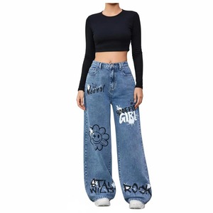 Pantalones Vaqueros de Cintura Alta y Pierna Ancha con Graffiti Dibujado a Mano y Apliques de Flores, Estilo Urbano, Jeans de Algodón para Primavera - Product Image 1