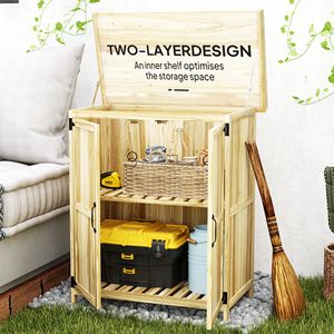 Armadio da Esterno in Legno Naturale per Attrezzi da Giardino con Ripiano in Metallo, Banco da Lavoro in Legno con 2 Ante - Product Image 6