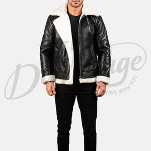 Chaqueta de Cuero Negra Premium para Hombre, Forrada con Piel Sintética Blanca, Estilo Aviador, Chaqueta de Invierno - Product Image 4