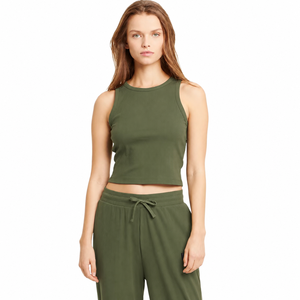 Women's Olive <b>Green</b> Ribbed <b>Crop</b> Tank <b>Top</b> Crew Neck Sleeveless Knitted Breathable Casual Slim Fit Solid Color <b>Top</b> - Product Image 1