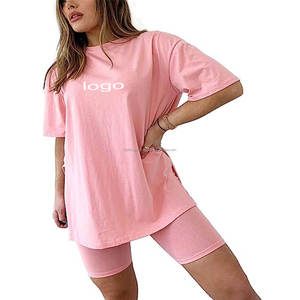 Custom Plain Cotton T Shirt Match With Tight Shorts Two Piece Outfits Summer Biker Shorts <b>Set</b> for Women - Product Image 4