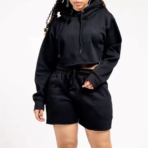 Ensemble de survêtements en molleton pour femmes, coupe ample, sweat à capuche court à manches longues et short à cordon de serrage, fabrication OEM ODM sur mesure - Product Image 3