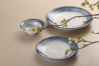 Assiette à dîner en mélamine de style coréen, design ligne bleue personnalisé, haute qualité, 9 pouces, assiette ronde sans BPA, assiette de service pour restaurant
