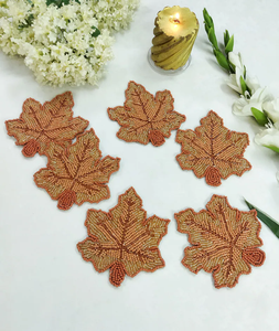 Handmade <b>Beaded</b> Leaf <b>Coasters</b> Eco-Friendly Luxury Orange Fall Traditional Indian Design Fabric Placemats Set of 6 - Product Image 5