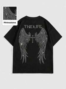 Premium Rhinestone Angel Wings <b>Back</b> Embellished Oversized Black Heavy 300gsm 100% Cotton <b>Drop</b> Shoulder Streetwear Men's shirts - Product Image 3