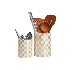 Vase de luxe en mosaïque de nacre Capiz Pistache, porte-ustensiles, ustensiles de cuisine en coquillage naturel, pot de rangement pour cuillères, conteneur, support - Product Image 2