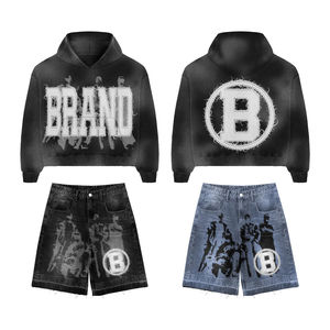 Conjunto de Dos Piezas Personalizado Unisex de Talla Grande: Sudadera con Capucha Bordada y Pantalones Cortos de Mezclilla, Ropa Urbana de Primavera, Fabricante de Ropa con Marca Privada OEM - Product Image 6