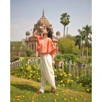 Ensemble dhoti et haut respirant à imprimé floral tissé orange, coupe ample, taille élastique, taille XS, pour les occasions quotidiennes