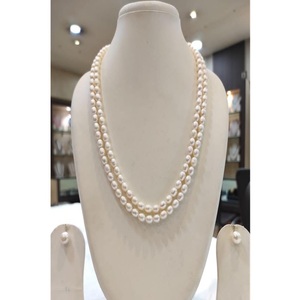 Magnifique ensemble collier et boucles d'oreilles en perles d'eau douce de qualité supérieure, perles Mala longues à 2 rangs, plaqué or, perles blanches, pour femmes et filles, idéal pour les fêtes - Product Image 2