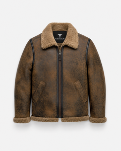 Veste aviateur en cuir véritable pour homme, doublée en sherpa marron premium, fermeture éclair, style bomber, vêtement d'extérieur décontracté pour l'hiver. - Product Image 1