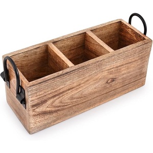 Industrial Mango Wood Cutlery <b>Caddy</b> with Iron Handles, Wholesale 3-Compartment Tabletop Organizer Bulk Export - Product Image 1