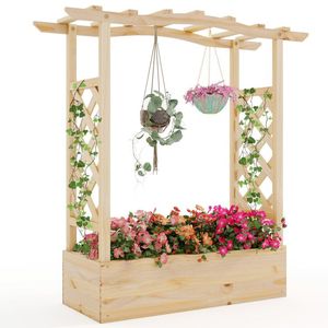 Jardinière surélevée en bois avec treillis et toit suspendu, paniers suspendus et accessoires - Product Image 1