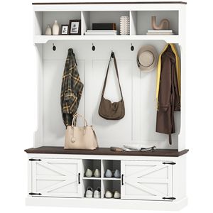Appendiabiti 3-in-1 in Legno Bianco Effetto Venatura con Panca e Scarpiera, Mobile Ingresso con Ganci per Casa o Hotel - Product Image 1