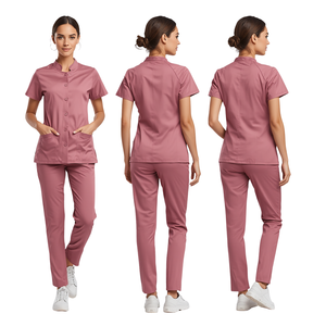 Women's Dusty <b>Rose</b> Medical Scrub Suit Mandarin Collar <b>Top</b> and Tapered Pants Healthcare Uniform - Product Image 3