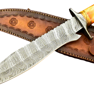 Cuchillos Bowie de Acero de Damasco Hechos a Mano con Mango de Hueso de Camello Amarillo, Funda de Cuero Marrón, Hoja Fija, Cuchillo de Caza para Exteriores - Product Image 6