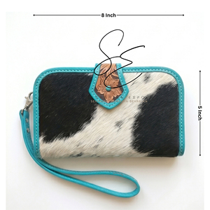 Turquoise Carved Genuine Leather <b>Wristlet</b> Women Western Cowgirl Style Zippered Clutch Hair On Hide Evening Purses Chic Wallets - Product Image 3
