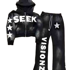 Conjunto de gimnasio para hombre de invierno personalizado, oversize, liso, con pedrería, lavado ácido, estilo streetwear, sudadera con capucha y pantalones de chándal, 100% algodón de alto gramaje, tallas grandes - Product Image 1