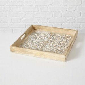 Bandeja de Servir Artesanal de Madera de Mango con Incrustaciones Florales Blancas Talladas, Bandeja Otomana Rectangular Decorativa de Madera con Asas - Product Image 2