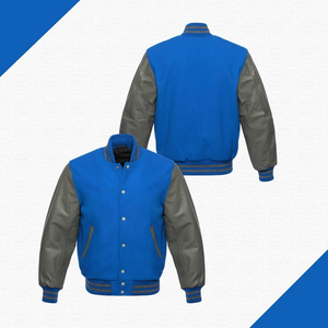 Bulk Order Slim Fit Casual Baseball <b>Jacket</b> Contrast PU <b>Leather</b> Sleeve Snap Button Heavyweight Fleece Varsity Bomber <b>Jacket</b> - Product Image 3