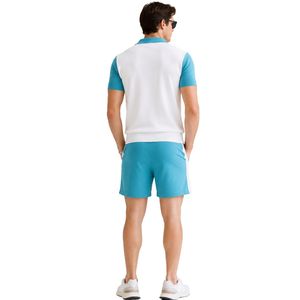 Ensemble polo et short pour homme blanc et bleu aqua, poche contrastante, tenue décontractée d'été en deux pièces, logo personnalisé, vêtements de sport haut de gamme - Product Image 2