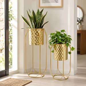 Set of 2 Large Gold Metal Planters with Stands Modern Indoor Outdoor Flower <b>Pots</b> 26 and 18 Inch <b>Tall</b> for Living Room Corner - Product Image 3
