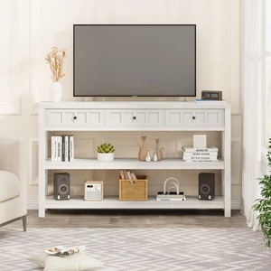 Table de canapé moderne en fer avec étagères ouvertes et tiroirs, meuble durable pour salon et entrée, blanc - Product Image 1