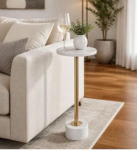Table d'appoint en marbre blanc avec base cylindrique en laiton brossé, vente en gros - Product Image 2