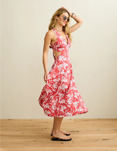 Vestido Midi de Verano Casual para Mujer, Diseño Floral Rojo Pintado a Mano, Sin Tirantes, Corte Sirena, 100% Algodón Antiarrugas, Venta al Por Mayor - Product Image 3