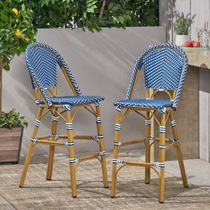 Set di 2 sgabelli da bar francesi in rattan PE da esterno da 29,5 pollici, colore verde acqua scuro e bianco, con struttura in alluminio e finitura in bambù - Product Image 1