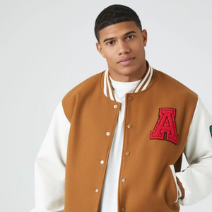 Men's Brown White With Embroidered Letter Patch Preppy Style Regular <b>Fit</b> Turn-down Collar Button Closure Varsity <b>Jacket</b> For Sale - Product Image 3