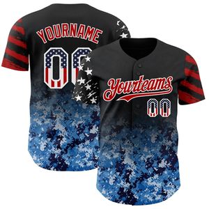 Maillot de baseball personnalisé noir avec drapeau américain, camouflage blanc-rouge dégradé, étoiles et rayures numériques, bicolore, authentique, 100% polyester, col en V - Product Image 2