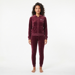 Wholesale Women's Maroon <b>Velour</b> Hoodie Jogger Set Full Zip Front Logo Casual <b>Tracksuit</b> winter Wear - Product Image 1