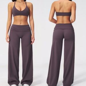 Conjunto de Pantalones de Yoga de Cintura Alta Color Verde Oliva, Top Corto con Cuello Halter en V, Transpirable, 100% Poliéster, 3 Piezas con Cordón Ajustable - Product Image 4