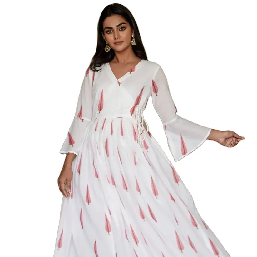 Pink Cypress Blockprint Angrakha Suit Indian Fashion Styling Kurti de alta calidad y pantalones del fabricante indio