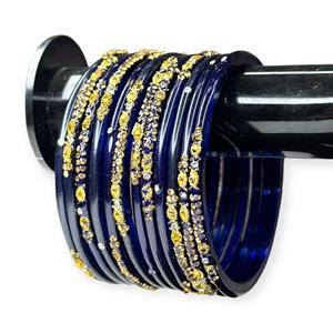 Juego de Brazaletes de Vidrio Brillante Azul Estilo Romántico con Detalles en Oro y Cristal, Colección de Moda para Bodas - Product Image 2