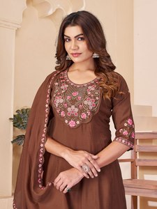 Conjunto de Kurti Anarkali Tradicional de Algodón Marrón para Mujer, Bordado Floral, Pantalones Palazzo Elásticos de Secado Rápido para Uso Casual - Product Image 3