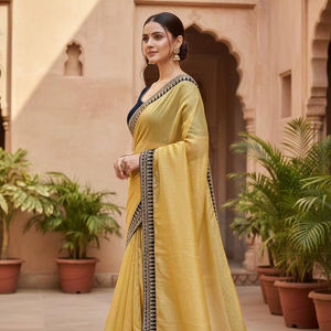 Sari en tissu sergé doux et élégant avec broderie de paillettes et de fils Jari Dori, bordure en dentelle de velours et blouse en velours de créateur - Product Image 1