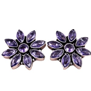 Wholesale ARTS JEWELS Purple Amethyst Bezel Setting Flower Stud Earrings | Handmade Brass Antique Silver Plated Bohemian Women's - Product Image 1
