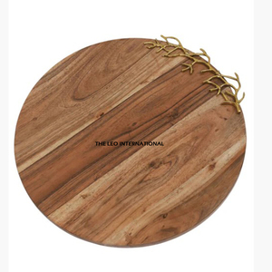 Round Shape Brown Wooden Material Cheese Cutting Board With Metal Handles Designing Decorating Stylish Kitchen Ware - Product Image 1