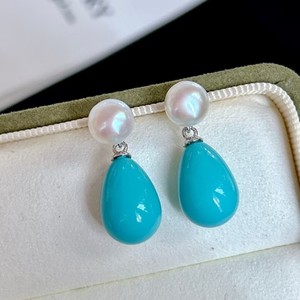 Boucles d'oreilles pendantes en perles d'eau douce turquoise bleu goutte d'eau de style européen américain, 7-8 mm, clous d'oreille en argent pur pour femmes - Product Image 2
