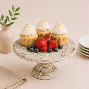 Handcrafted Vintage Distressed Mango Wood <b>Cake</b> <b>Stand</b> With Intricate Floral Carving Rustic Pedestal Dessert Display Riser Decor - Product Image 4