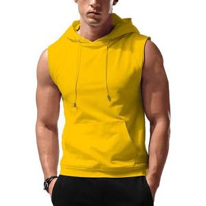 Sweat-shirt à capuche sans manches pour homme, jaune uni, coupe ajustée, en molleton français, décontracté, respirant, tricoté, pour l'été - Product Image 5