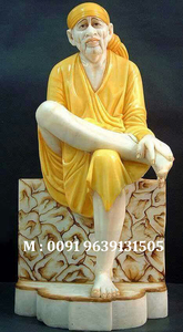 Exclusive Pure White Marble Hand <b>Painted</b> Colorful Lord Sai Baba Sitting On Base Beautiful Religious Statue - Product Image 2