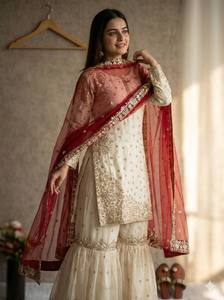 Conjunto de Kurta Tradicional Hindú-Pakistaní para Mujer, Color Crema, Bordado, con Dupatta Color Granate, Largo hasta el Tobillo, Ropa Étnica - Product Image 4