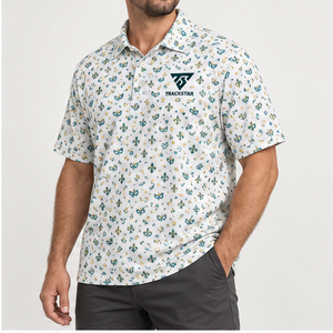 Camiseta Polo Trackstar para Hombre, Color Crema Teal Dorado, con Estampado de Máscara de Carnaval, Manga Corta, Cuello con Botones, Camiseta de Golf con Logotipo Personalizado - Product Image 3